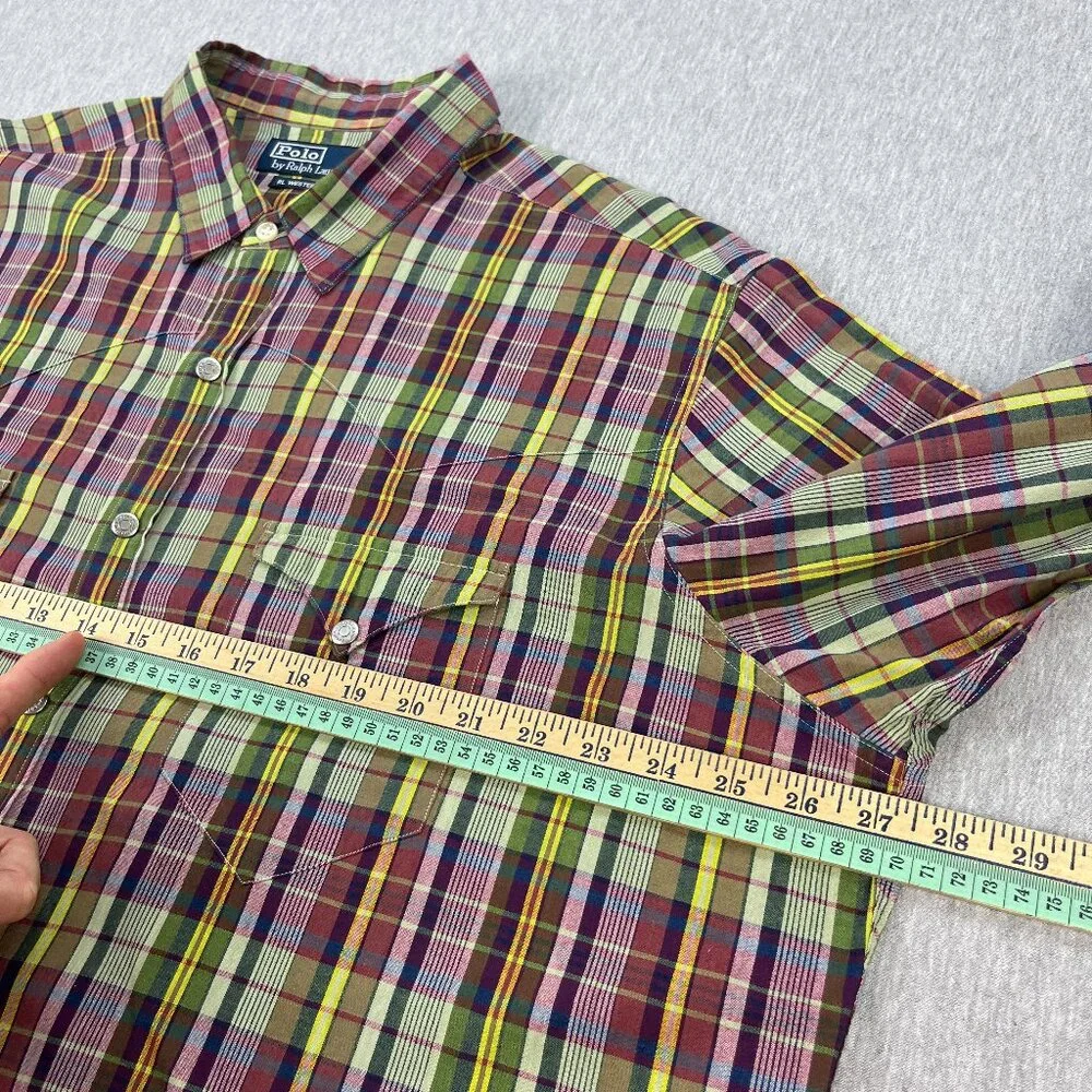 Vintage Polo Ralph Lauren RL Western Shirt Mens XXL Plaid Metal Snap Long Sleeve